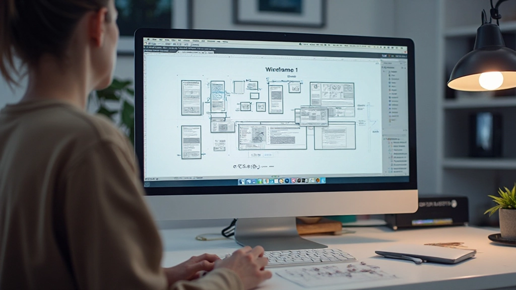 Digitale wireframe interface op computerscherm met navigatie en content blocks