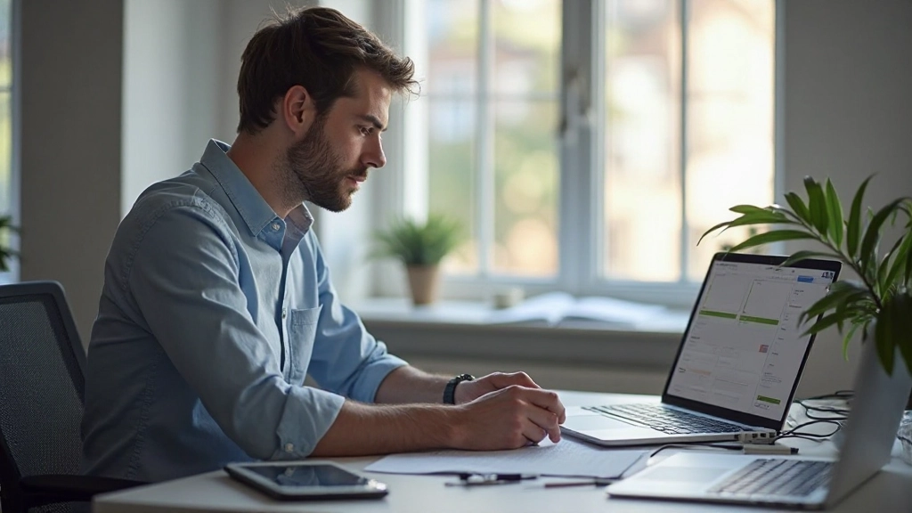 Designer aan het werk met prototype op meerdere apparaten: telefoon, tablet en desktop scherm