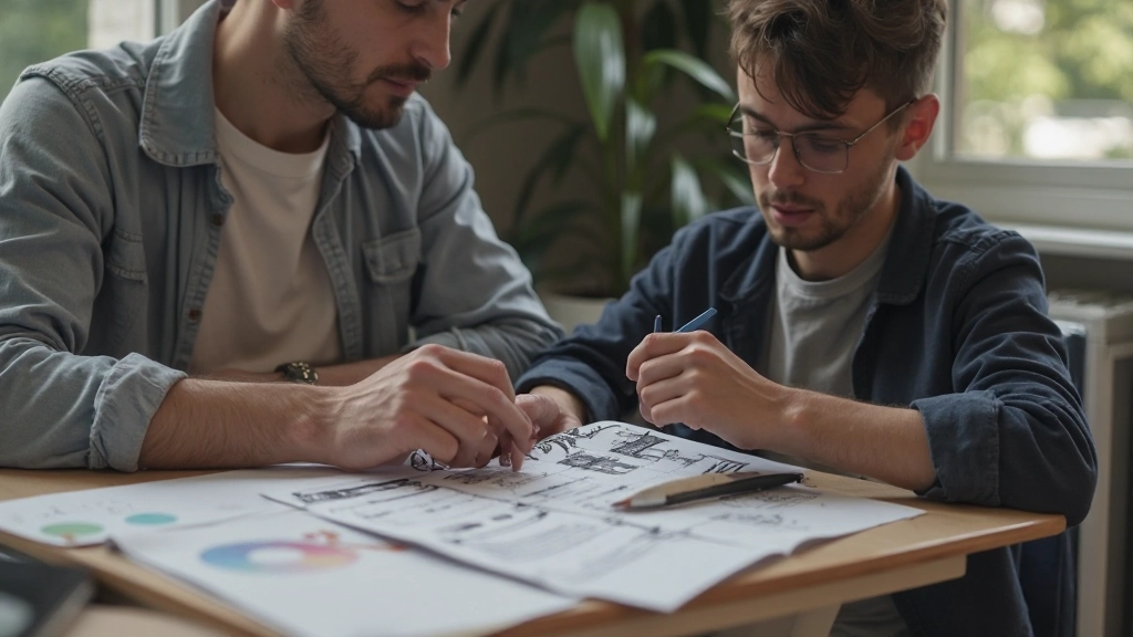 Designer die een papieren schets vergelijkt met een digitale versie op een tablet