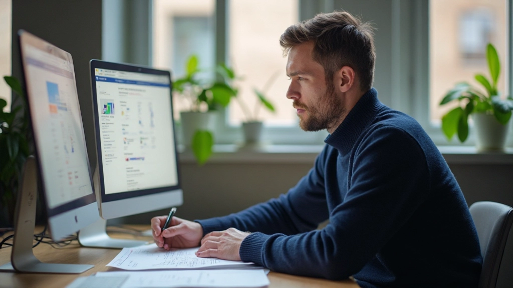 Werkstation met computer scherm toont wireframe design proces met stap-voor-stap layout tekeningen en notities