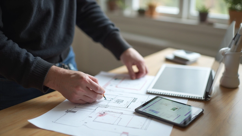 Schets van wireframe op papier met pen en digitaal design tool op achtergrond