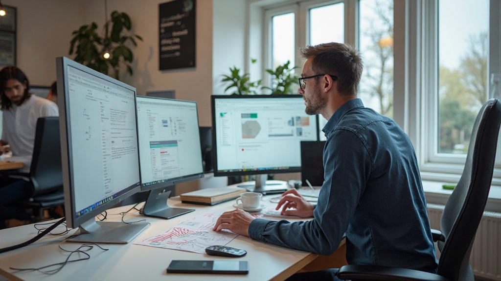 Wireframing en prototyping werkstation met design tools en computer screens