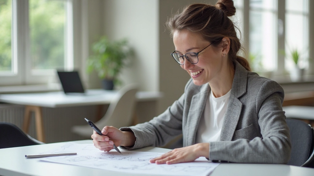 Twee ontwerpers bespreken wireframes op papier aan een tafel met notities en schetsblokken