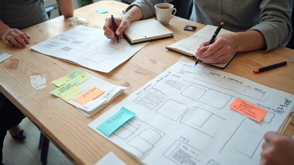 Workshop tafel met wireframe prints, notities, en gebruikers feedback sessie