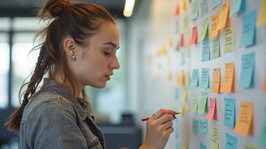 Teamnote sessie met sticky notes op muur, waarop feedback van gebruikers en patronen zijn gegroepeerd